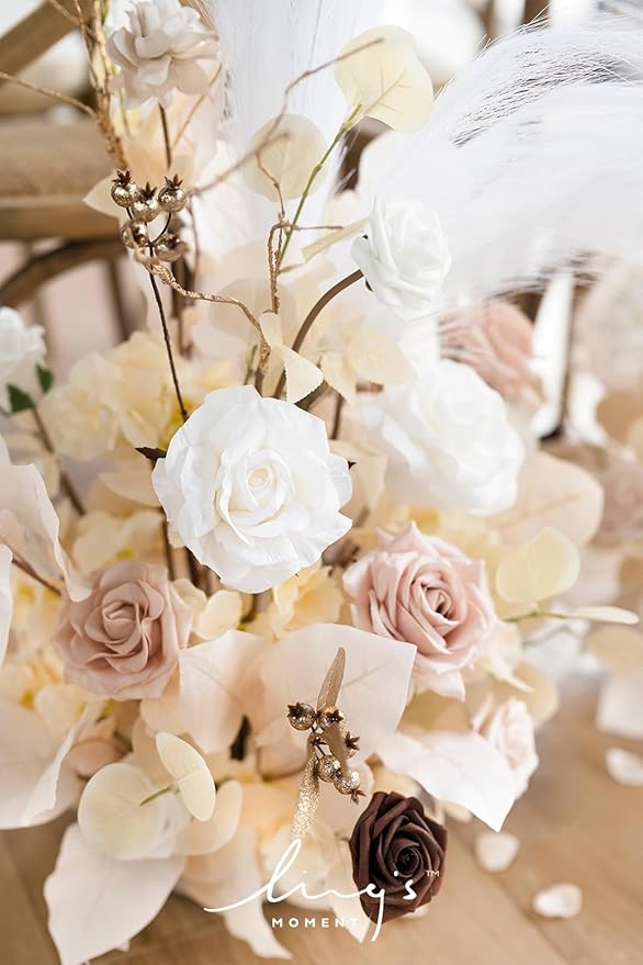 Ling's moment Christmas Decor, 41" Tall Fall Free Standing Artificial Flowers Arrangements 2pcs Wedding Arch Altar Stage Decorations White Beige for Ceremony Reception Rose Fake Floral Party