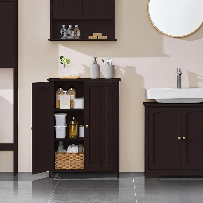 Yaheetech Bathroom Floor Cabinet, Modern Storage Freestanding Organizer Cabinet with Adjustable Shelves & Double Doors, 3-Tier Home Living Room Furniture, Espresso
