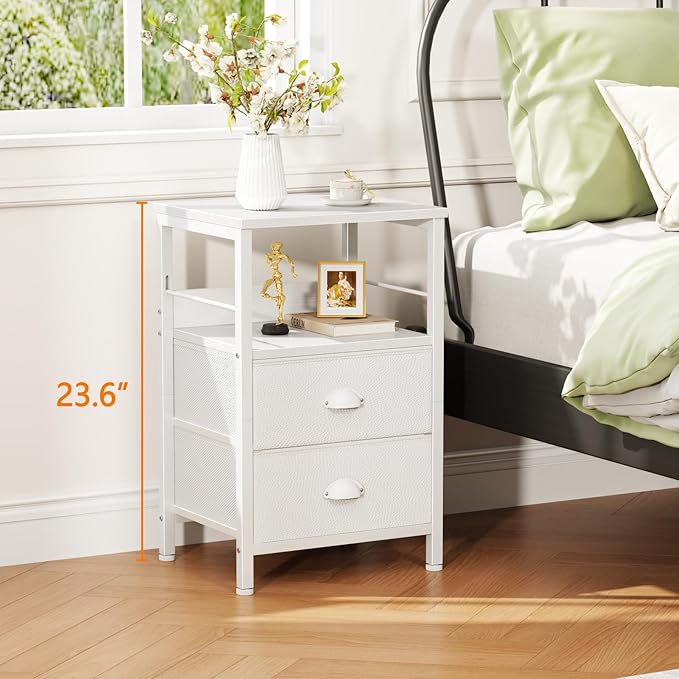 Furologee Nightstands Set of 2, End Table with 2 Fabric Drawers, Night Stand with 2 Hooks, Open Wood Shelf Bedside Table for Bedroom/Living Room/White