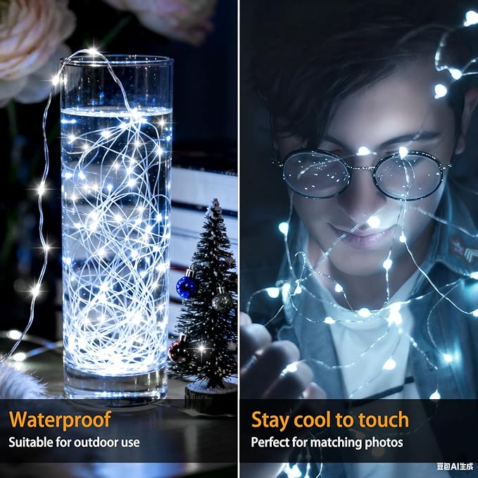 VOOKRY 32 Pcs Fairy Lights Battery Operated String Lights - 10 ft 30 LEDs Waterproof Silver Wire Mini Firefly Starry Moon Lights for DIY Crafts Wedding Party Table Centerpieces Christmas(Cool White)