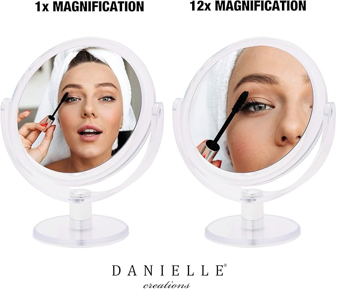 Danielle Creations 6.75-Inch Double Sided Vanity Makeup Mirror with Ultra Vue Glass, 12x Magnfication, Clear Acrylic