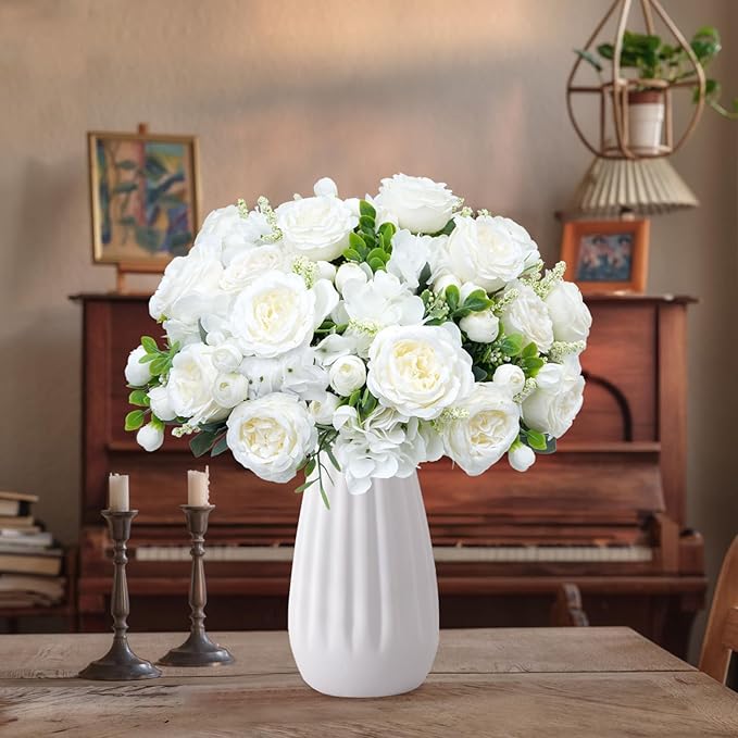 10 Bundles Artificial Peonies, Milky White Hydrangea Artificial Flowers Silk Flowers for Indoor Home Decor Bedroom Kitchen Office Wedding Table Centerpieces