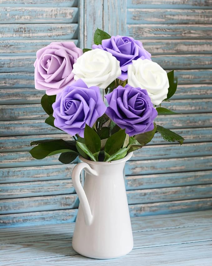 JOYLEX Artificial Flowers Realistic Roses, 50pcs Real Looking Fake Roses with Stem for DIY Wedding Bouquets Centerpieces Bridal Shower Party Home Romantic Decorations (50pcs, Shades of Purple)