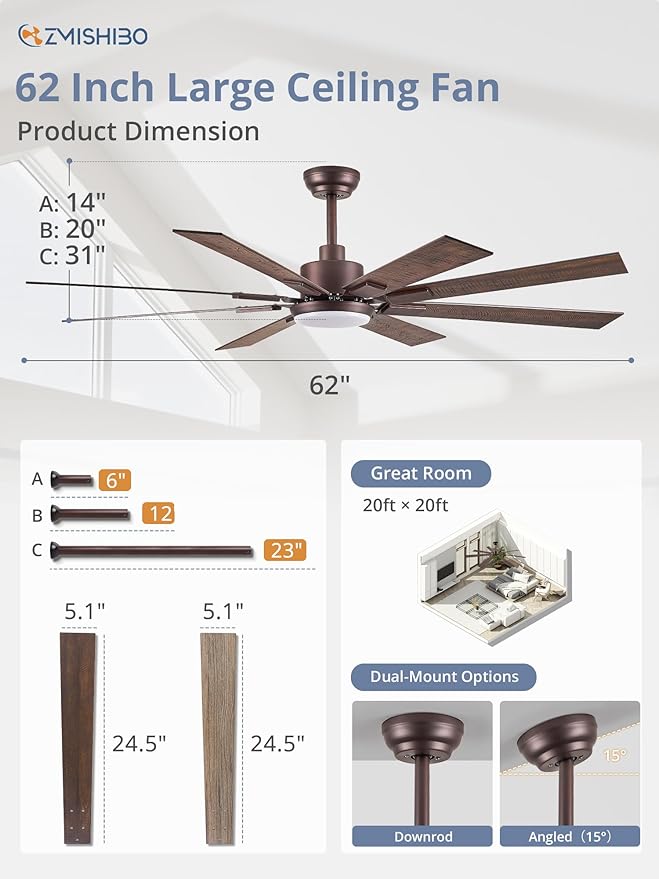 ZMISHIBO 62 inch Oil Bronze Farmhouse Ceiling Fan with Light and Remote, Indoor/Outdoor Rustic Brown Ceiling Fan for Living Room Patio, 6 Speed Reversible Quiet DC Motor, 3 CCT, Dual Finish 8 Blades