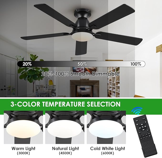 Ceiling Fans with Lights- 52" Low Profile Indoor Ceiling Fan with Light and Remote/APP Control, Flush Mount, LED Dimmable DC Reversible Modern Ceiling Fan for Bedroom（Black）