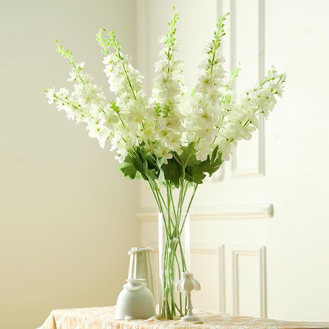 12 Pcs White Delphinium Artificial Flower 35.4'' Long Larkspur Stem White Fake Faux Silk Flowers Bulk for Tall Vase Floral Arrangements Home Centerpiece Table Wedding Decor