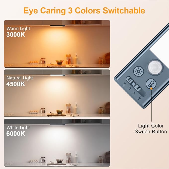 Gritin 10.2inch Under Cabinet Lighting Rechargeable -84 LED Super Bright,3-Color& 5 Level Brightness,4 Modes,Motion Sensor, Long Lasting- Easy Installation Magnetic Closet Lights -2 Pack-Sea Blue