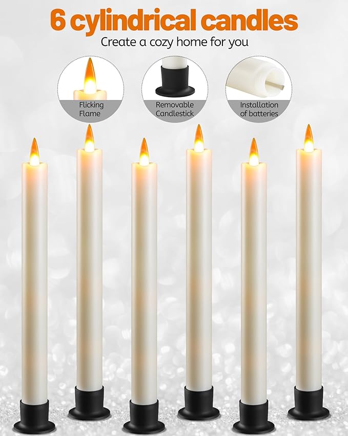 Da by 6 Flameless Window Candles with Remote Controller & Timer, LED Cone Stick Candle, Free 6 Black Bases, 9.6 Inch Battery Powered Christmas Candles for Home, Party, Holidays, Christmas Decoration
