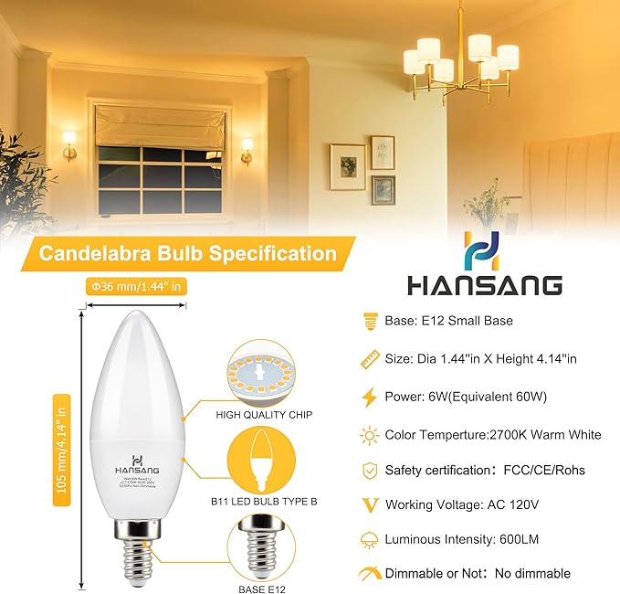 hansang Candelabra LED Bulbs,60 Watt Equivalent,600LM Warm White 2700K,Type B Light Bulb,E12 Small Base,Decorative Chandelier Bulb,Ceiling Fan Bulbs,Non-Dimmable,Pack of 6