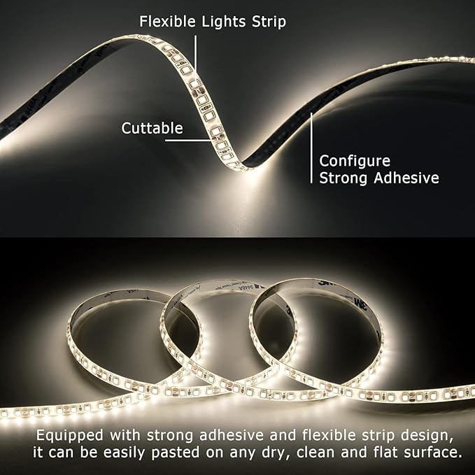 White LED Strip Lights, IP44 Waterproof 2835 LED Lights, 6000K 12V 65.6ft/20m Flexible Ribbon, Kitchen Cabinet Lighting, Outdoor/Indoor (White)
