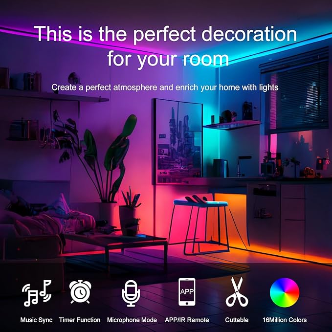 LED Strip Lights For Bedroom 130 FT(2 Rolls of 65.5 FT) with remote and intelligent application Bluetooth LED lights, music synchronized RGB color changing lights, suitable for room party decoration