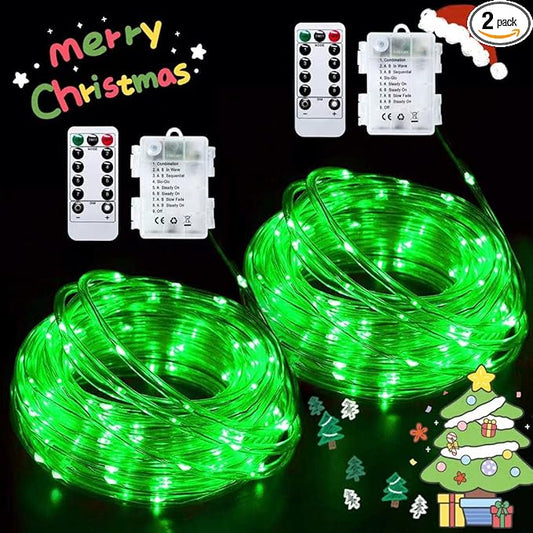 JMEXSUSS 2 Pack Green Christmas Lights Battery Operated Rope Lights Outdoor Waterproof, Each 33 ft 100 LED Battery Powered String Lights with Remote, Green Lights for Tree Garden Christmas Decor