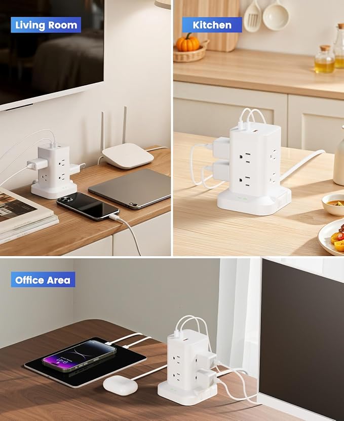 Power Strip Tower with Surge Protector 1800J, Fast Charging Tower PD20W USB-C Ports with 8 AC Outlets, 6ft Extension Cord for Home Office Dorm Room, White