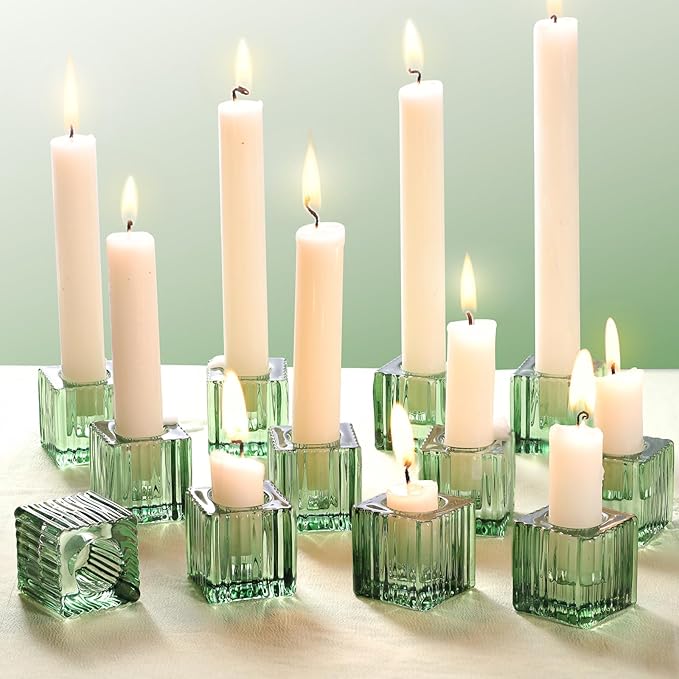 LETINE 12pcs Green Cube Taper Candle Holders - Ideal Candle Stick Holder Decor for Modern Wedding Table Centerpieces & Holiday Decor, Elegant Candlestick Set for Home Ambiance
