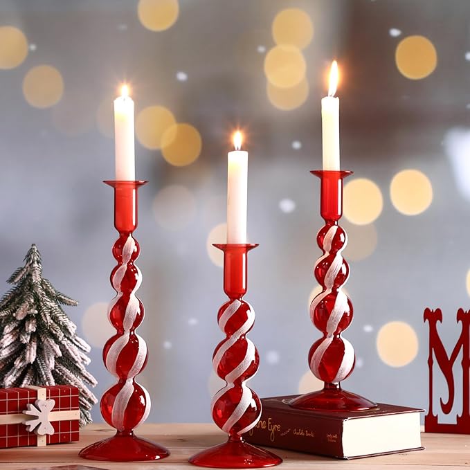 Mumufy 3 Pcs Red and White Christmas Glass Candlestick Holders Christmas Ball Glass Taper Candle Holder Stick Decor for Xmas Holiday Wedding Home Table Centerpiece