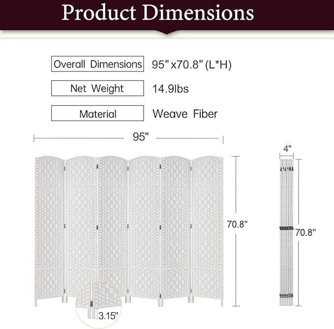 Rose Home Fashion 6 ft Tall Room Divider, Room Dividers and Folding Privacy Screens, 15.7in Privacy Screen 6 Panel Partition Temporary Wall Separation for Private, White