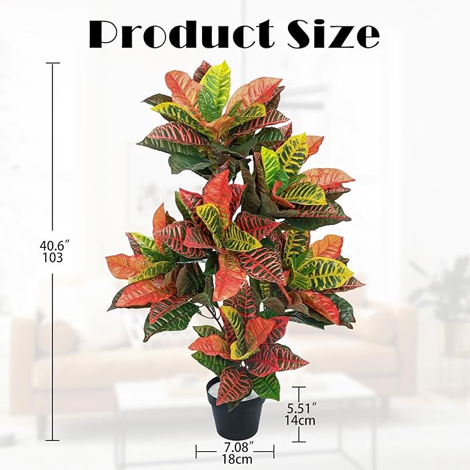 Briful 3.4ft Artificial Croton Tree Fall Decor, Faux Croton Tree with Colorful Variegated Leaves and Pot, Indoor & Outdoor Floor Plant, Home Farmhouse Decor