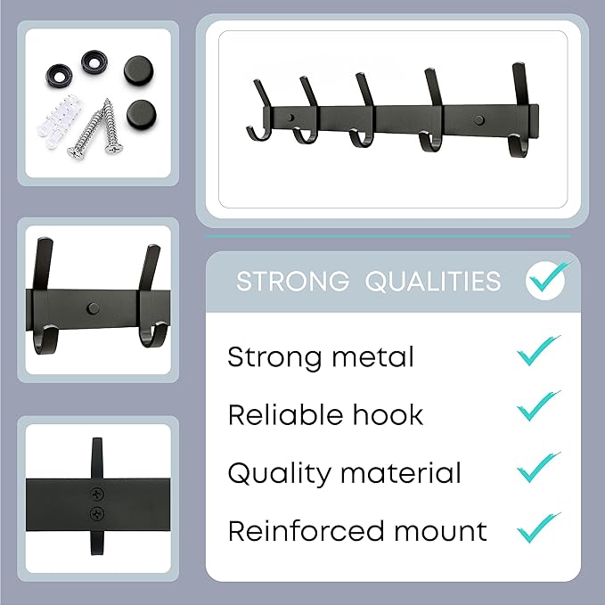 Matte Black Coat Rack Wall Mount – 15 Inch Stainless Steel Hook Rail with 5 Double Coat Hooks – Wall Mounted Entryway Organizer for Coats, Hats, Bags, Towels, Robes, Closet or Bathroom - 2 Pack