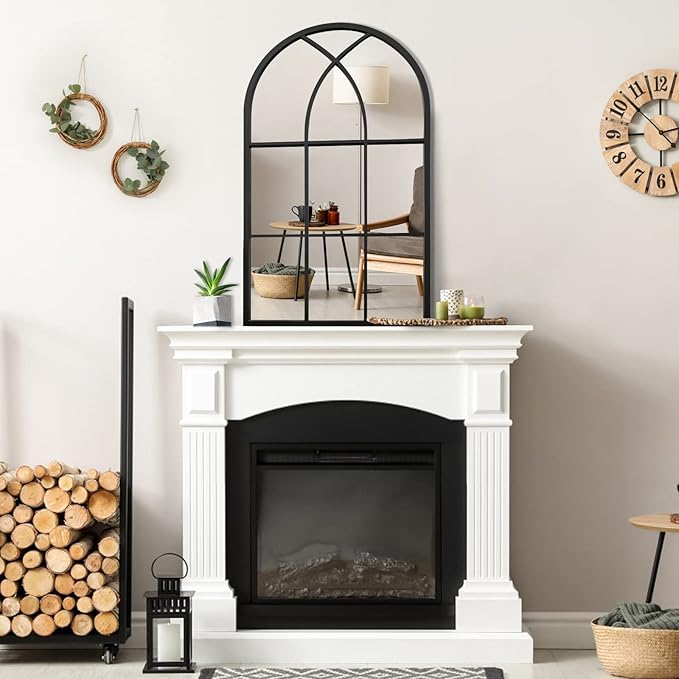 ironsmithn Arched Window Mirror, 31.5"x19.7" Grid Mirrors, Windowpane Mirrors, Black Metal Wall Mirror for Decor Living Room Fireplace Entryway Bedroom Hallway