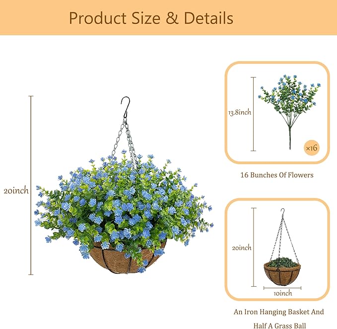 Artificial Hanging Flowers Basket for Outdoor, 16 Fake Flowers Look Real UV Resistant, Faux Hanging Plants for Porch, Balcony, Patio, Garden, Spring Summer Decor,Blue