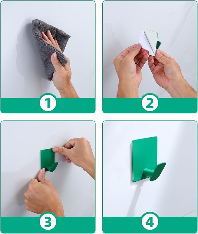 DELITON 4 Pack Colorful Hanging Hooks - Adhesive Green Cute Kids Wall Hooks for Hanging Towels, Robe, Coat, Decor Bathroom Organizer