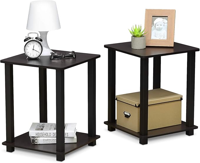 Furinno SIMPLISTIC Side Table Set of 2, 2-Tier End Table, Nightstand, Night Stand, Bedside Table, Easy Assembly, for Living Room, Bedroom, Dark Walnut