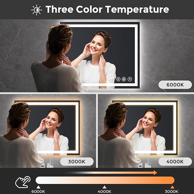 Koonmi 32x40 LED Bathroom Mirror, Backlit + Front Lit, LED Bathroom Mirror with Lights for Wall, 3 Colors, Anti-Fog, Dimmable Brightness, Memory Function, Tempered Glass