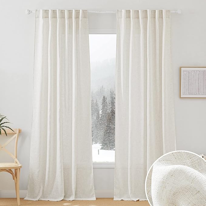 RYB HOME Linen Flax Curtains 84 inches Long, Absorbent Linen Woven Half Privacy Light Filtering Drapes Semi Sheer Curtains for Living Room Bedroom Home Office Patio, 52 W x 84 L, 2 Panels
