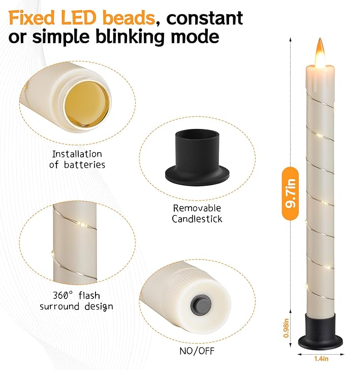 Da by 3 Pcs Flickering Flameless Battery Operated Taper Candle-Window Candles with Remote and Time-LED 3D Dynamic Flame-9.6 Inches for Wedding, Party,Home Decoration-Ivory
