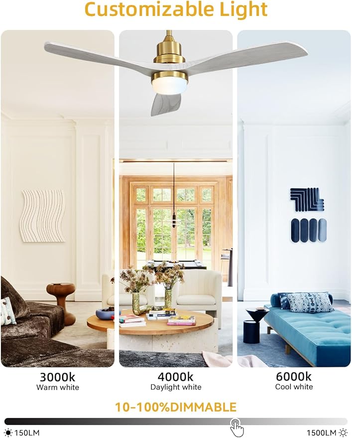 Sofucor Low Profile Ceiling Fan with Lights Remote Control 52 Inch Flush Mount Ceiling Fan Modern Wood Blade Fan for Bedroom Living Room Indoor Outdoor Farmhouse Patio, Grey Gold