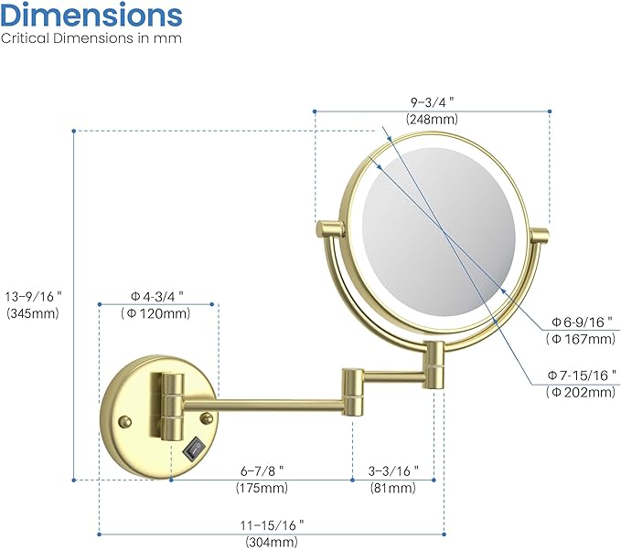 KIBI Circular Wall Mount Makeup Mirror with LED Lights, Dual-Sided 1x/5x Magnifying Mirror with Adjustable Arm, 360° Swivel, Solid Brass Construction for Durability and Style (Brushed Gold, KMM101)
