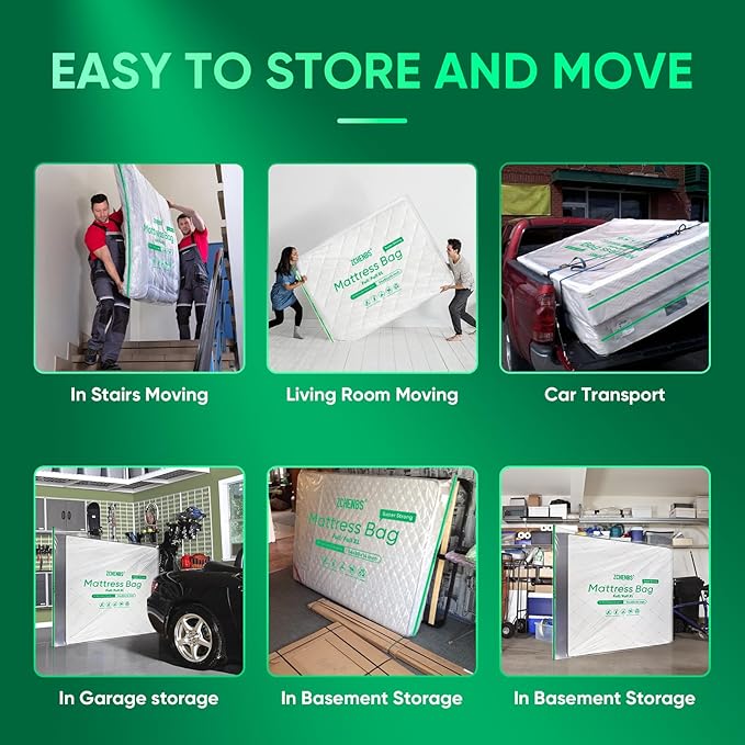 ZCHENBS® – Mattress Bags for Moving and Storage,Mattress Bag with Zippers,5 Mil Ultra-Thick Bed Bag,Waterproof,Anti-Tear,Heavy-Duty Mattress bag (Tansparent/Green, Full/Full XL-(2 Pack))