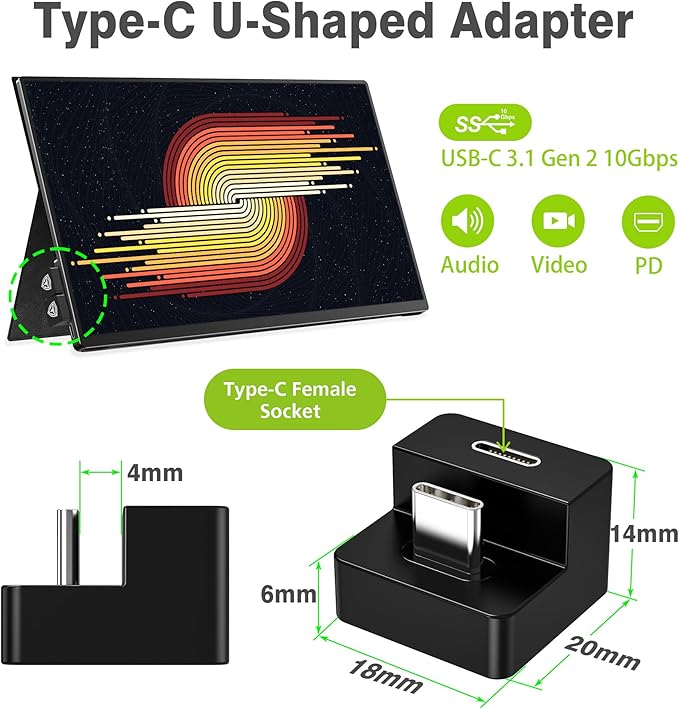 AGVEE 180 Degree Angled USB-C to USB-C Adapter and Short Side Inward U-Shaped Mini HDMI to HDMI Converter, HDMI 2.0 4k@60HZ, Coupler Extender Extension for Portable Display Monitor, Black