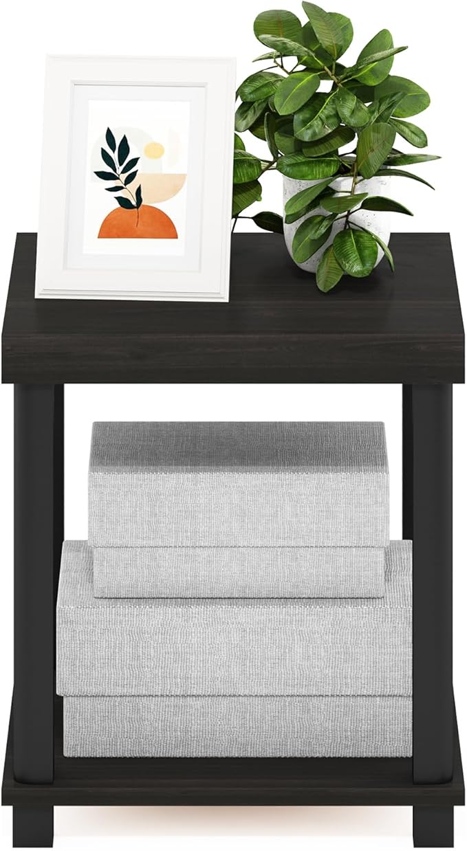 Furinno Turn-N-Tube Side Table, 2-Tier Thick Tabletop End Table with Open Shelf, Toolless Assembly Night Stand, Bedside Table, for Living Room, Bedroom, Espresso