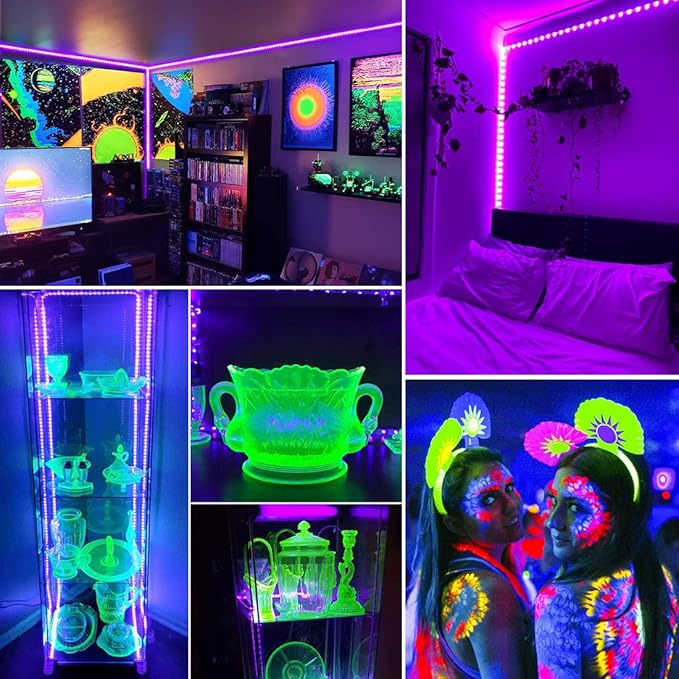 16.4FT Black Light Strip with USB Plug + Battery Box, Adhesive 300LEDs Blacklight Fixture, Battery & USB Operated for Glow Neon Party Birthday Glass Cabinet Fluorescent Poster Fishing Boat