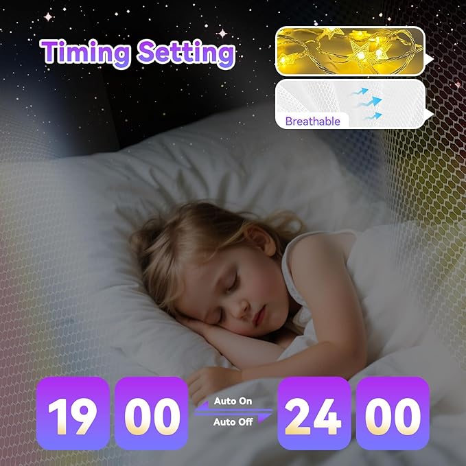 Obrecis Bed Canopy with Lights, Rainbow Bed Canopy for Girls Princess,Canopy Bed Curtains Bedroom Decor for Girls,Fits Single, Twin, Full, Queen Size Kids