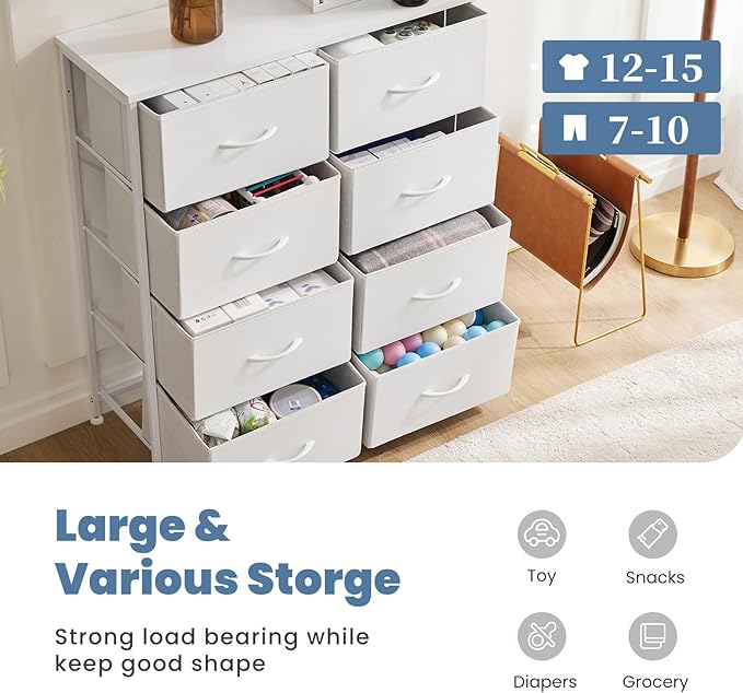 DUMOS Dresser for Bedroom with 8 Fabric Drawers, Tall Chest Organizer Units for Clothing, Closet, Kidsroom, Storage Tower with Cabinet, Metal Frame, Wooden Top, Lightweight Nursery Furniture, White