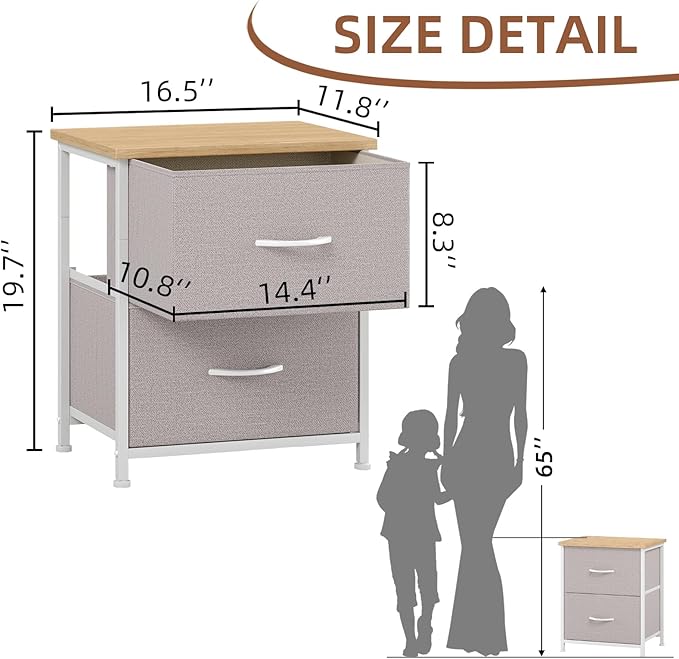 Somdot Nightstand Set of 2, Small Dresser for Bedroom with 2 Drawers, Bedside Table Night Stand End Table with Fabric Bins for Bedroom Kids Closet Dorm Guest Room, Ash Grey