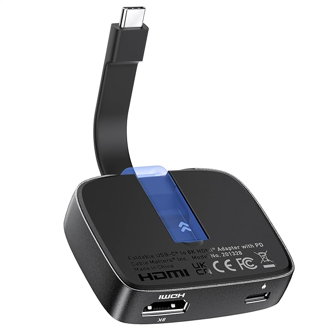 Cable Matters Portable 48Gbps USB C to HDMI 2.1 Adapter with 100W Host Charging, 4K 240Hz /8K 60Hz HDR - Thunderbolt 4 Compatible with iPhone 16/15 Pro Max - Max Resolution on Any MacBook is 4K@60Hz