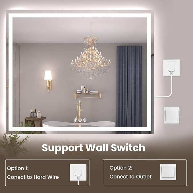 48"X40" LED Bathroom Mirror with Front Lights and Backlit, Anti-Fog, Dimmable, Shatter-Proof Tempered Glass, Lighted Bathroom Vanity Mirror for Wall with 3 Colors, Memory Function