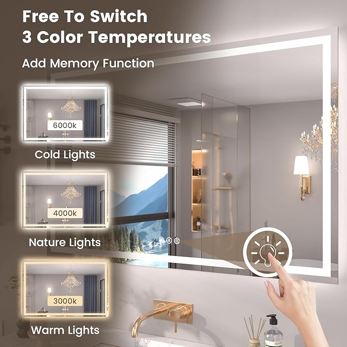 55"X30" LED Bathroom Mirror with Front Lights and Backlit, Anti-Fog, Dimmable, Shatter-Proof Tempered Glass, Lighted Bathroom Vanity Mirror for Wall with 3 Colors, Memory Function