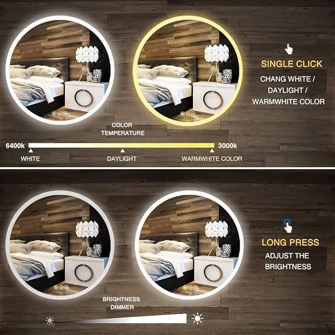 Wall-Mounted LED Round Bathroom Mirror, Makeup Mirror (24 inches x 24 inches,) 3 Color Stepless Dimmable Memory Bathroom Vanity Mirror with Lights CRI90+ 3000-6400K Smart Mirror with Touch