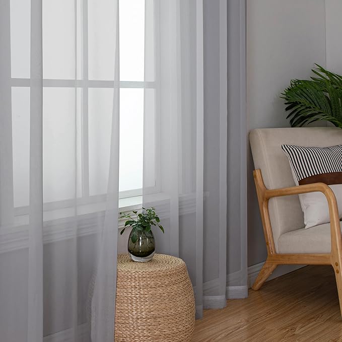 Chyhomenyc Light Grey Sheer Curtains 96 inches Long 2 Panels, Light Filtering Soft Airy Solid Elegant Voile Window Treatment Drapes for Bedroom Living Room Wedding Party Decor, 42 Wx96 L, 8FT L