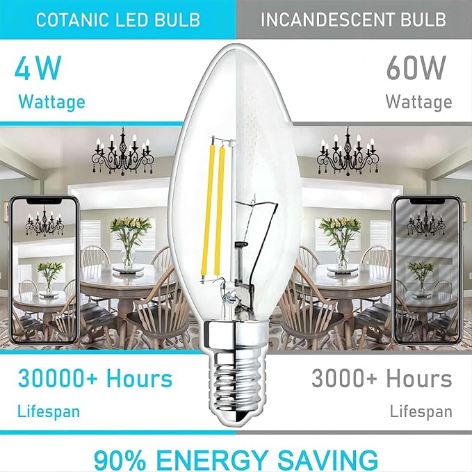Cotanic Dimmable LED Candelabra Bulb with E12 Small Base, C35 Ceiling Fan Light Bulbs, 5000K, 4W, 60W Equivalent, 600LM, 12 Pack, Vintage Candle Lightbulb for Chandelier, Sconce, Porch Lights