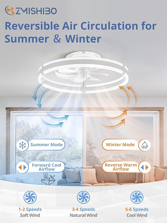 ZMISHIBO Ceiling Fans with Lights and Remote, 19.7'' Low Profile Ceiling Fan, 3000-6000K Dimmable Modern Flush Mount LED Fan Light, 6 Wind Speeds, White Fandelier Ceiling Fans for Bedroom