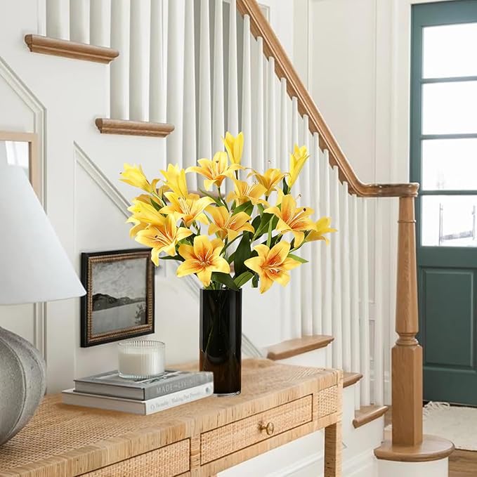 ASTRYAS 18 Heads Artifical Lilies Flowers, Yellow Fake Lily with 9 Heads Full Bloom Lily & 3 Buds-Faux Lilies Bouquets for Home Hotel Flower Arrangement Party Decoration(2, Bright Yellow)
