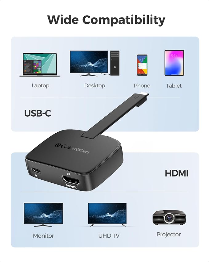 Cable Matters Portable 48Gbps USB C to HDMI 2.1 Adapter with 100W Host Charging, 4K 240Hz /8K 60Hz HDR - Thunderbolt 4 Compatible with iPhone 16/15 Pro Max - Max Resolution on Any MacBook is 4K@60Hz
