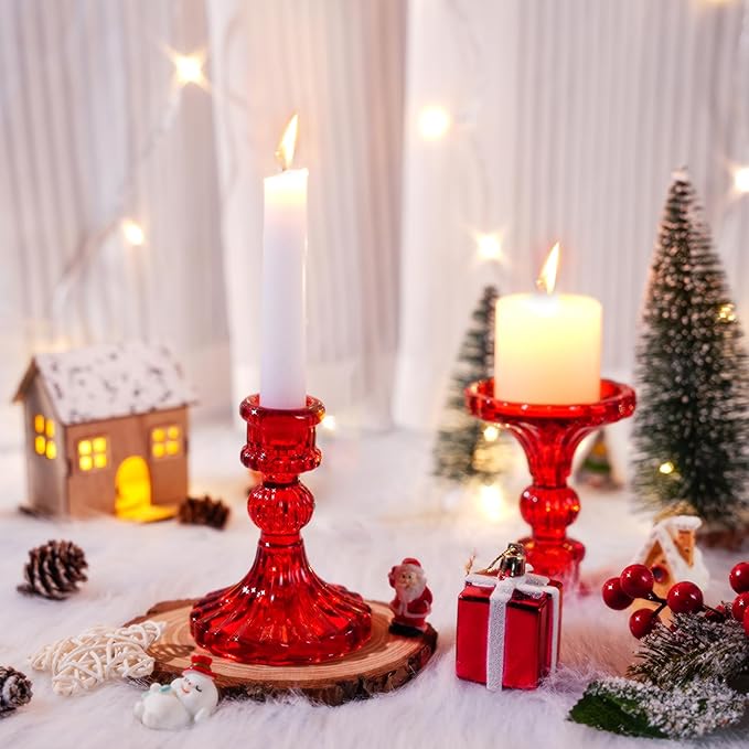 Suclain 24 Pcs Glass Taper Candle Holder Sets 12 Candlestick Holder with 12 White Long Candles for Wedding Party Decor Dinner Decoration(Red)