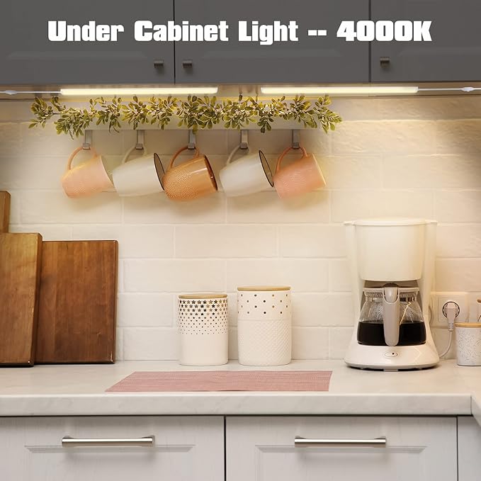 Under Cabinet Lights Plug in, 3 Pcs 12 Inch Thin Under Cabinet Lighting, Natural White Under Counter Lights for Kitchen, Dimmable LED Light Bar for Cabinet, Counter, Workbench, Desk