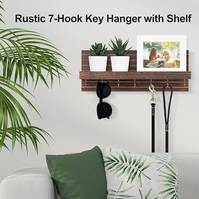 Decorative Key Holder for Wall with Shelf, Entryway Shelf with Hooks Holds Leashes, Jackets and Glasses – Sturdy Wood Keyholder Entrance Hanger with Mounting Hardware (Brown, Large)